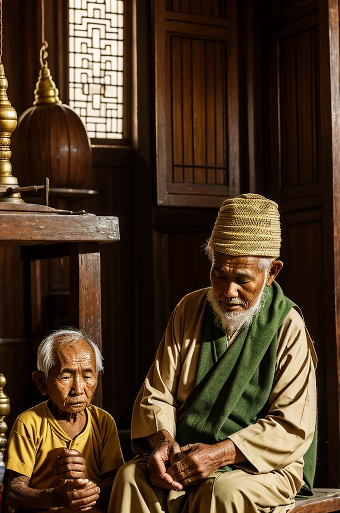 An old man is in a Burmese temple with a pilgrim next to him.