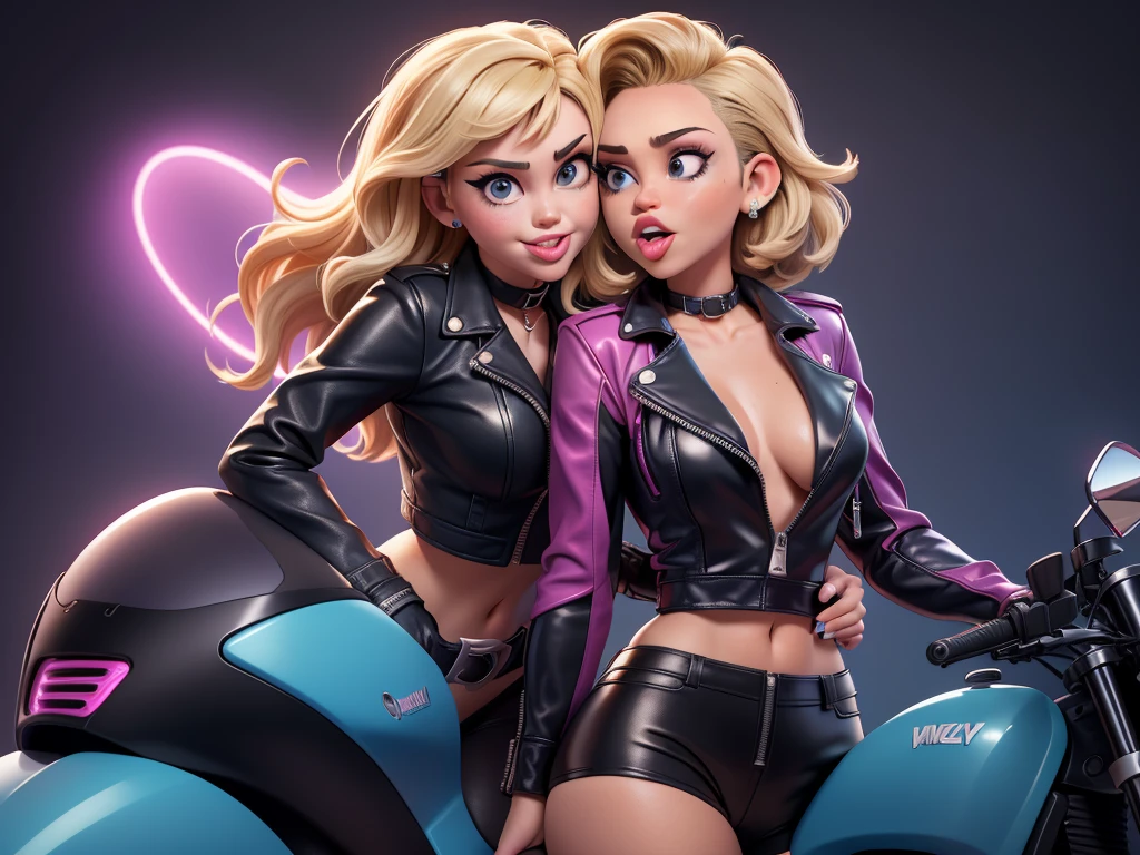 obra prima, melhor qualidade, ((miley cyrus, tan skin, wavy bob hair, sticking tongue out,)) head back, (sassy wicked sultry sneer, big teeth smile,) open mouth, pucker mouth, shiny periwinkle lipstick, sunglasses, ((thick smoky black eye shadow, long fake eyelashes, sticking tongue out,)) (cerulean blue leather jacket with puff shoulder,) biker jacket has stiff collar, leather blouse, ((magenta pvc shorts, pockets, unzipped front,)) studs zippers snaps, shiny leather gloves, nip slip, body is skinny, laying down hugging each other on sofa, shiny tight buttocks, arched back, mashing breasts, ((passionate kissing, pelvis grinding,)) camera view of whole body, looking up at me, shallow depth of field, highres, HD, 8k, anatomically correct