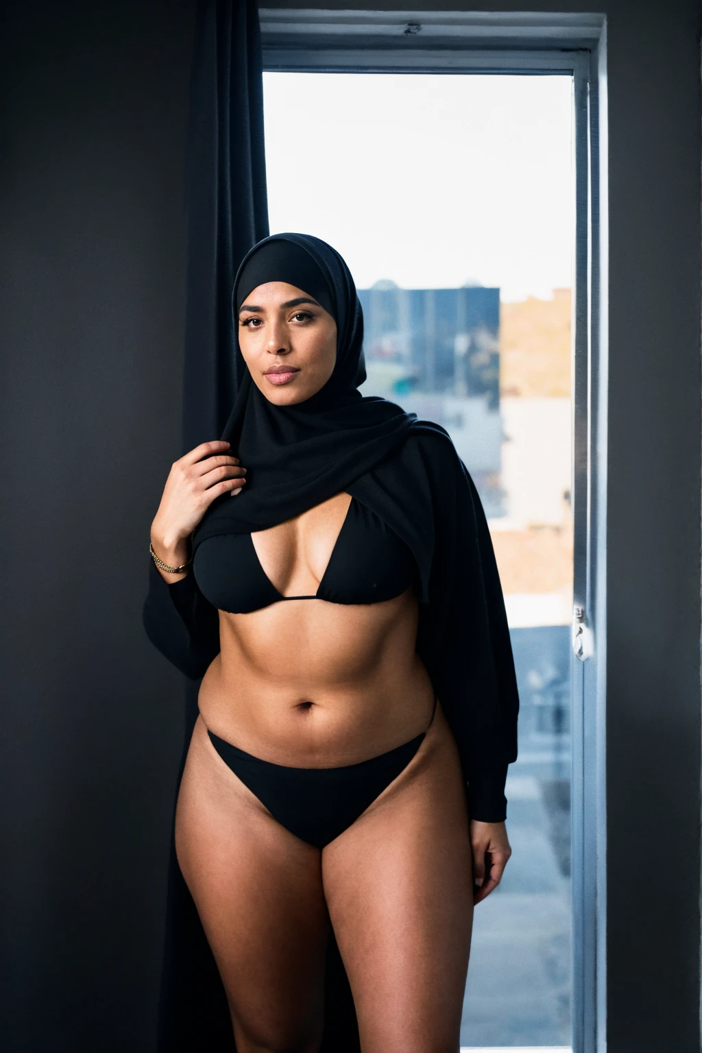 RAW photo,dark,moody,35mm focal lenght,underexposed,cold,candid photograph,artistic,full body,photo of a beautiful,influencer,30yo Moroccan woman,black hijab,detailed skin,naked, looking at viewer, thick body structure,grey background,no background, candid pose,dim room,blue light, film grain, kodak color, instagram LUT
