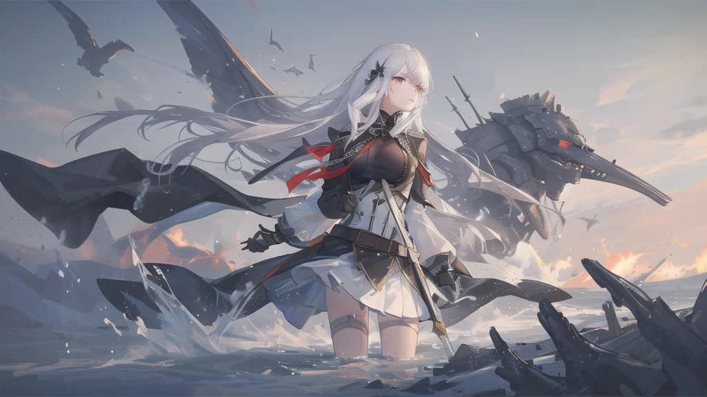 masterpiece:1.2), best quality , 独奏 ,pixiv, anime girl ，long straight white hair , black eyes ,Wearing off-white camouflage uniform ,ten years old，modern battlefield，(Eyes looking into the distance:1.3)，(look away:1.5)，snowy weather，dirty face，The background is a sea of fire with blood on the forehead，dirty face，Backlight，Bare rocky peaks ,Fierce flames are burning，The expression is sad，bullets flying，leave tears
