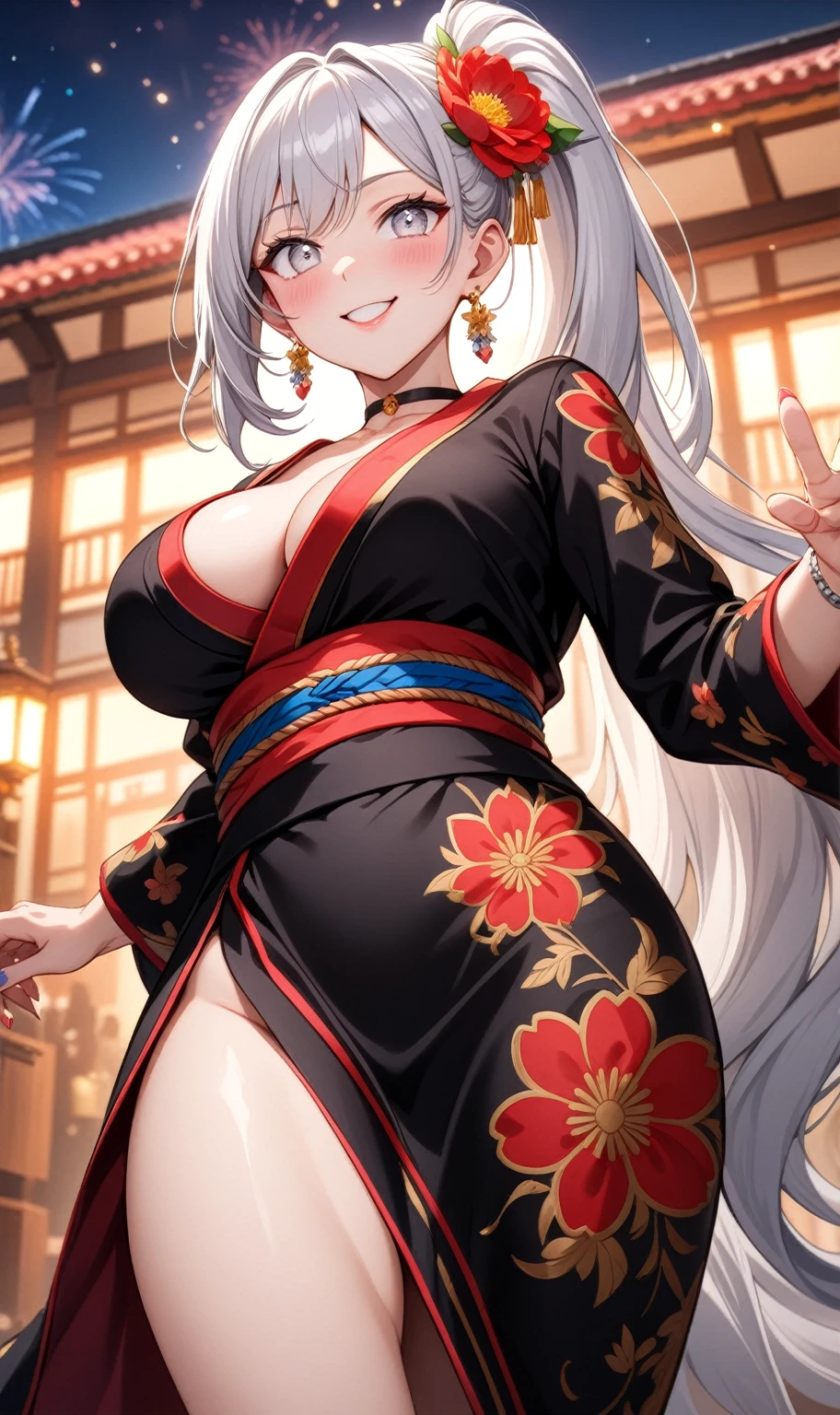 (One personの女性)), Beautiful Face, (Laughing embarrassedly), ((smirk)), ((Wink:1.8)),  Laugh with your mouth wide open,((Bright red cheeks:1.4)),Shiny red lips, night,rooftop,Festivals, firework,Glossy pink lips,Facial lighting,((Anime style background)),masterpiece, Highest quality, so beautiful,up to date, Complex details, (4fingers and 1thumbs), (Pink long nails), (ring),(bracelet),(choker),AI-generated, Complex,High resolution, Highest quality, super high quality,3D Images、3D Images,One person,Long white hair in a side high ponytail,(Pale eyes),  ((Fine grain、Silvery white colorful eyes、Shining Eyes:1.4)), (Squint your eyes:1.1), Anime woman posing for a photo, a hyperRealistic , hyperRealistic , Realistic,Anime woman with long white hair, Smooth anime CG art, A woman in a colorful kimono with gold embroidery, (Black long sleeve kimono),  Red floral pattern,Long flower hair ornament,Earrings,Mature Body,(Big Breasts:1.1),Tall,Abdominal muscles,Narrow waist,(Zoom in on face:1.2), (from below),