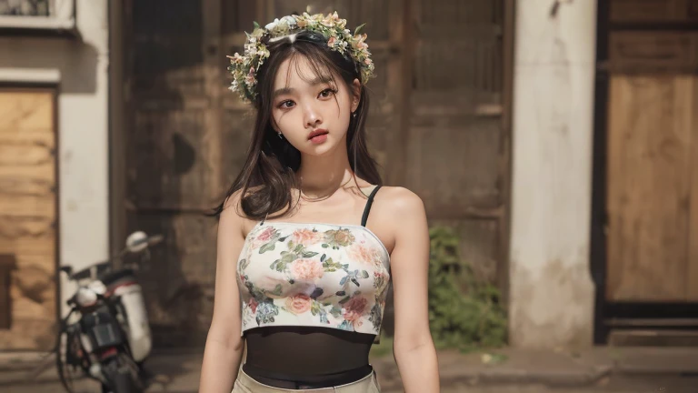 ((Highest quality, 8K, masterpiece: 1.3)), (Flower Cap: 1.3), concentrated: 1.2, Perfect Body Beauty: 1.4, Hips: 1.2, (Layered Haircut: 1.2)), (Dark Street: 1.3), Highly detailed face and skin texture, whole body, Delicate eyes, double eyelid, White skin, Long Hair, (Round face: 1.5), (loose crop top, Shorts: 1.6)