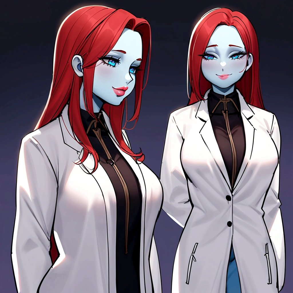 A super beautiful 44 year old girl with long straight red hair, white skin looks like milk or, Penetrating dark sky blue eyes with a strong and striking look, slenderbody, a chubby cheek, pink lips, professional medical lab coat, Deep Lab .