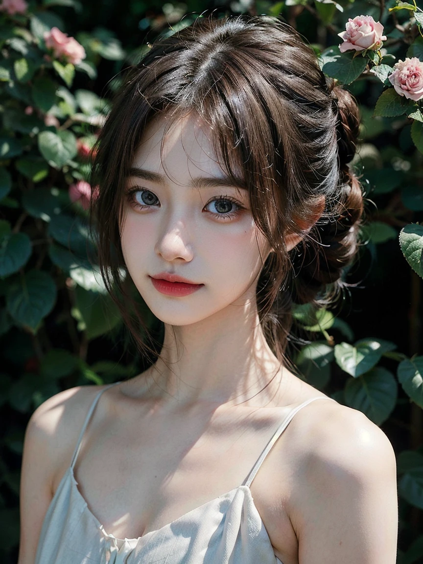 1girl, (looking at viewer:1.2), detail face, (a girl standing, rending on cgsociety, Rose bush backdrop), romanticism, atmospheric, (RAW photo, best quality), (realistic, photo-realistic:1.3), masterpiece, an extremely delicate and beautiful, extremely detailed, D cup,Cleavage,Translucent brown tube top1.5)Hair in a bun,Small and delicate earrings,Exquisite eye details,Shy smile 1.5