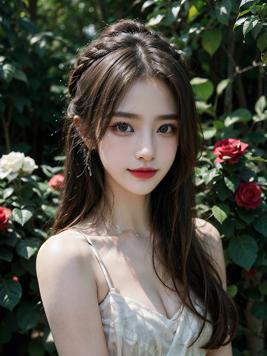 1girl, (looking at viewer:1.2), detail face, (a girl standing, rending on cgsociety, Rose bush backdrop), romanticism, atmospheric, (RAW photo, best quality), (realistic, photo-realistic:1.3), masterpiece, an extremely delicate and beautiful, extremely detailed, D cup，Cleavage，Translucent brown tube top1.5）Hair in a bun，Small and delicate earrings，Exquisite eye details，Shy smile 1.5