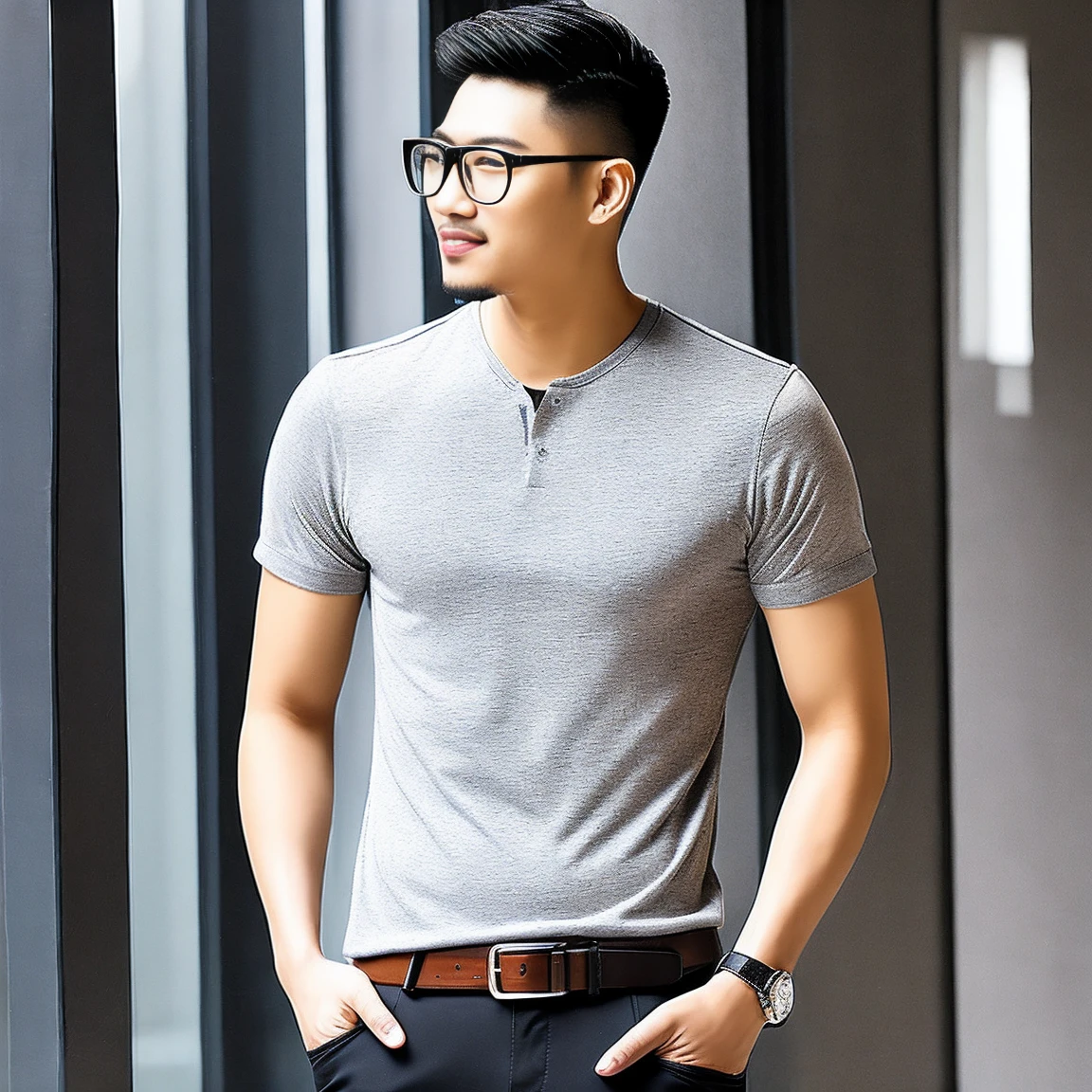 Slightly dark skin,The look is somewhat stern,With a mirror,A short beard on the chin,Square face,Gives a rough impression。Slightly bloated,Have a noticeable beer belly,Height: 175cm,Looks like a lack of exercise。Usually wear a plain shirt,With suit pants,Wearing a pair of old-fashioned leather shoes。He likes wearing glasses,Gives people a sense of old-school intellectuals。