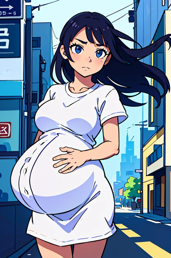 (best-quality:0.8),
(best-quality:0.8), perfect anime illustration, extreme closeup portrait of a pretty woman walking through the city, pregnant