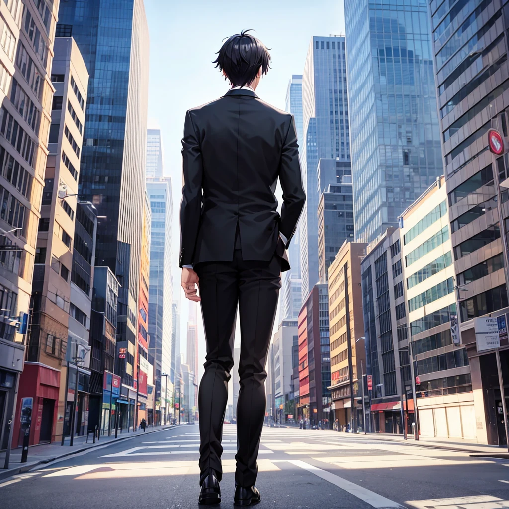 Anime black-haired man in a suit turns his back and stands in the city.