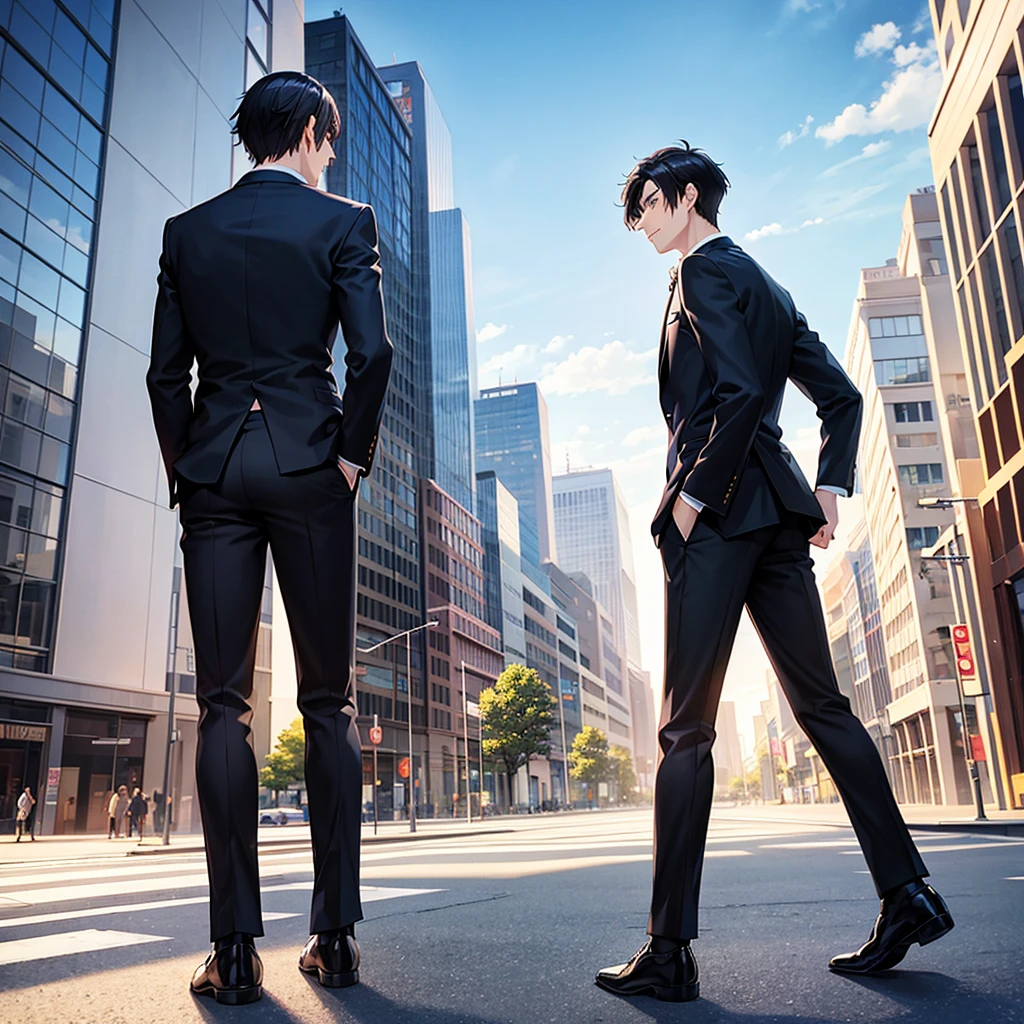 Anime black-haired man in a suit turns his back and stands in the city.