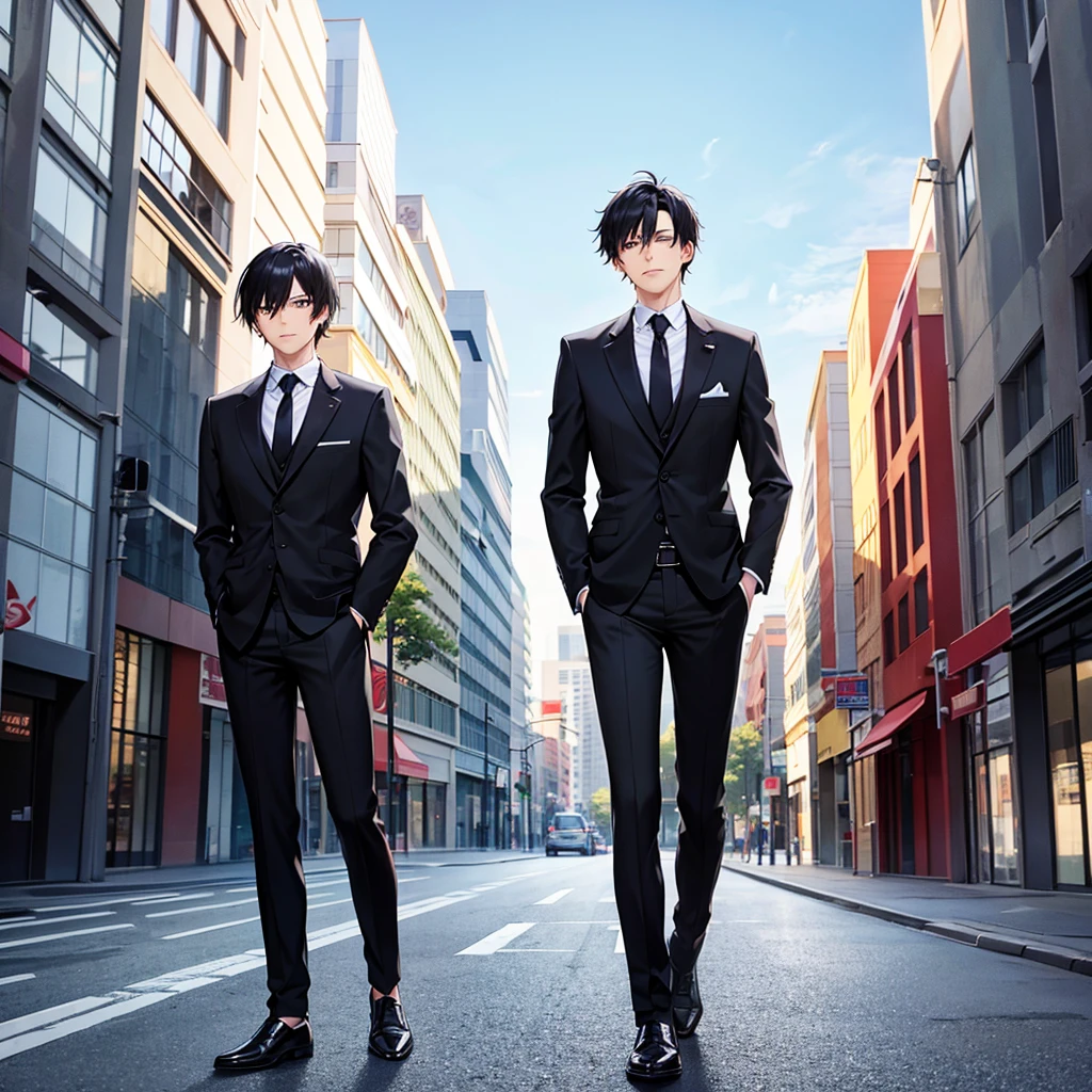 Anime black-haired man in a suit turns his back and stands in the city.
