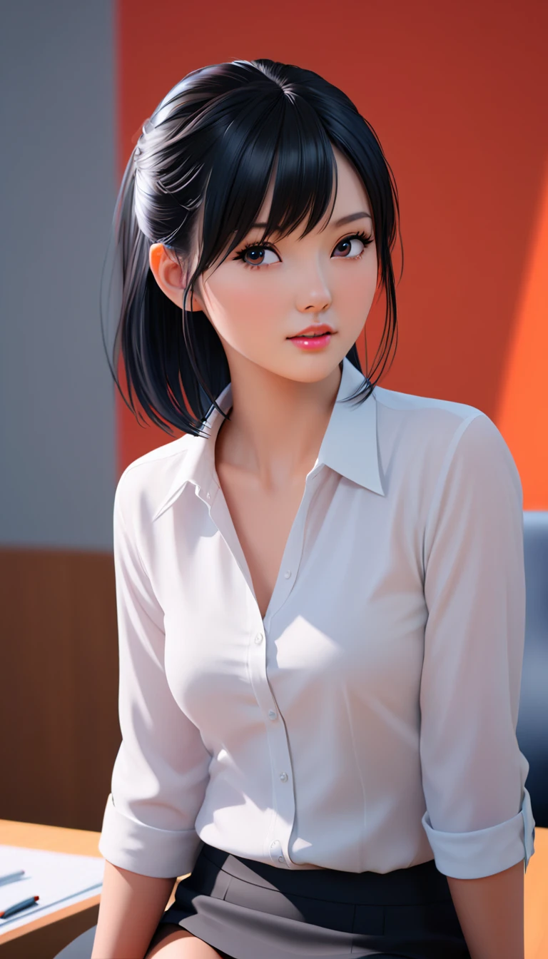 Photorealistic depiction of a beautiful girl with a perfect figure and youthful face, featuring an attentive expression. She has black hair and is sitting in a meeting room, where the discussion has completely veered off into an unrelated topic. Inspired by the vibrant energy of J-POP, with a cinematic composition, trending on ArtStation