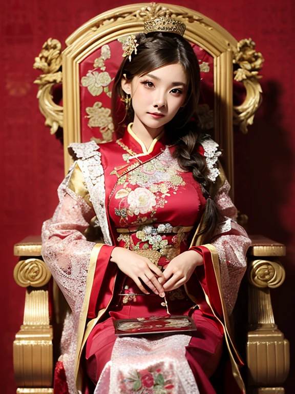 One girl, ((Throne)), (Liangbatou), Gorgeous, gold and silver, silk, gem, Flower and bird painting, Chinese ancient, Royal Family, Three-dimensional, Gorgeous,sitting, wide sleeves, Hand fan, dress, blurry, traditional media, red background, braid, traditional clothes, Cowboy Shot,