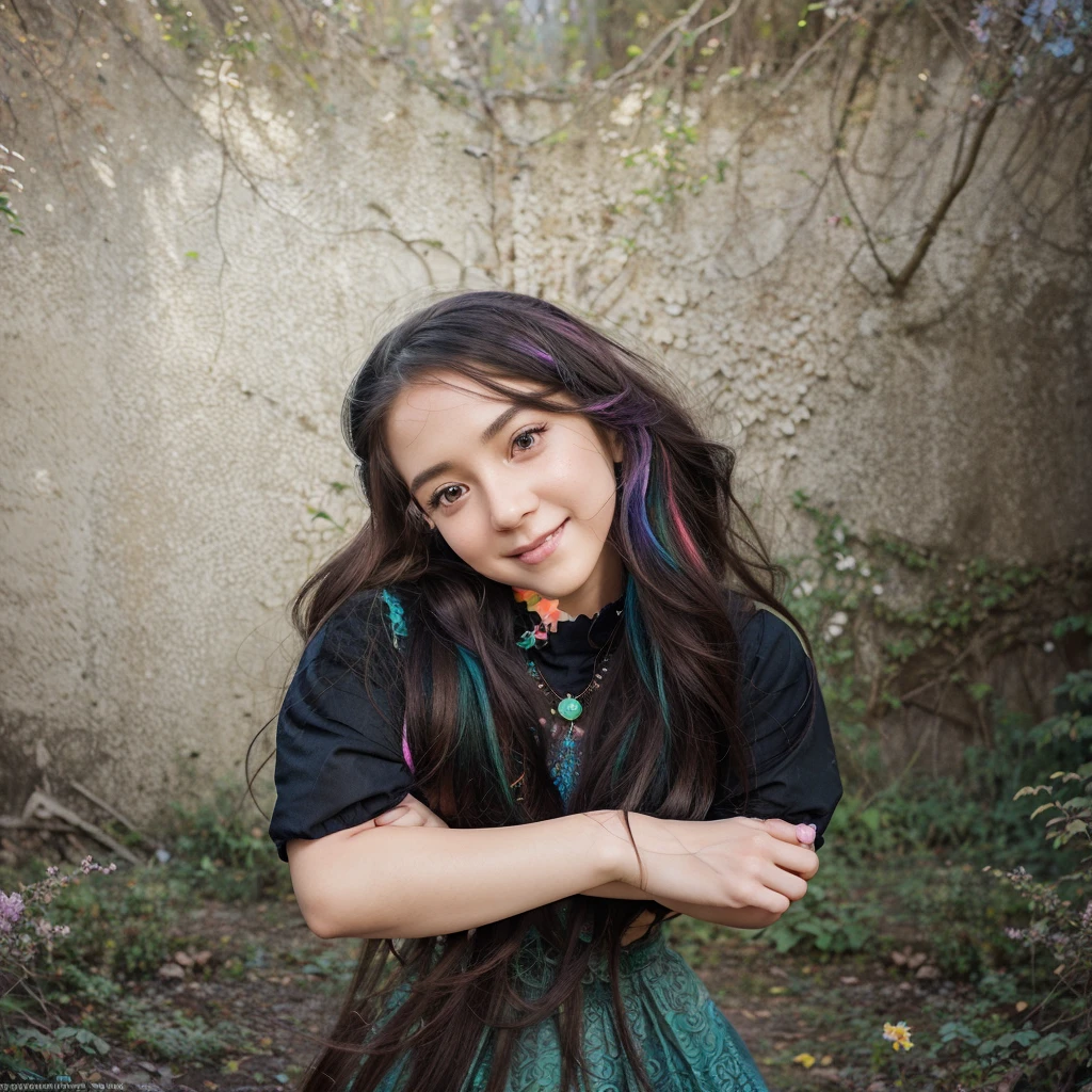 cute anime girl in fantasy world, long flowing hair, big expressive eyes, detailed facial features, adorable smile, wearing colorful whimsical outfit, standing in lush fantasy landscape with magical elements, vibrant colors, intricate background details, cinematic lighting, highly detailed, digital art, masterpiece