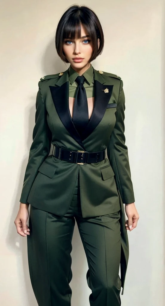 asian woman in green military uniform, brown bob Haircut,green blazer, green trousers, black belt, black necktie, brown hair, blue epaulet, cleavage, standing,