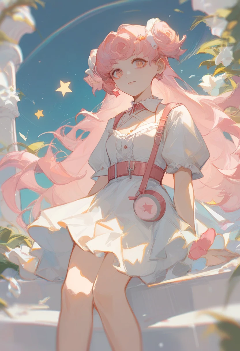 1 girl, long hair, short skirt, white skirt, pink hair, going up on a spiral staircase, light, star