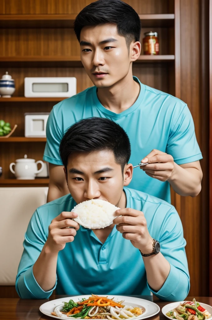 A realistic Chinese Man doing mukbang
