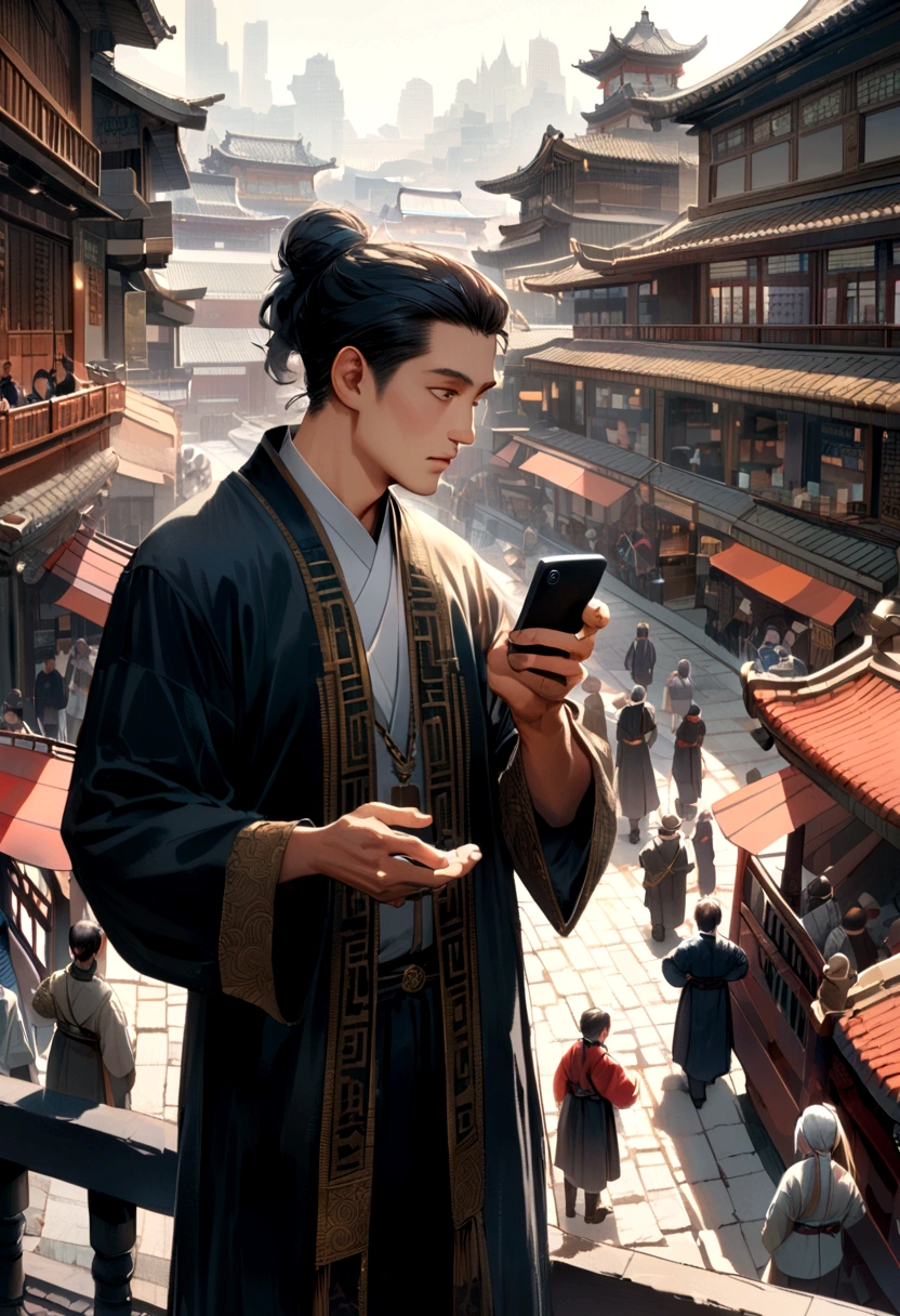 Staring at the phone,The bustling streets of Chang'an city, filled with carriages and bustling crowds, with palaces faintly visible in the distance.
A middle-aged man stands on the city wall, gazing into the distance, looking thoughtful.,photorealistic，Staring at the phone,Asian boy