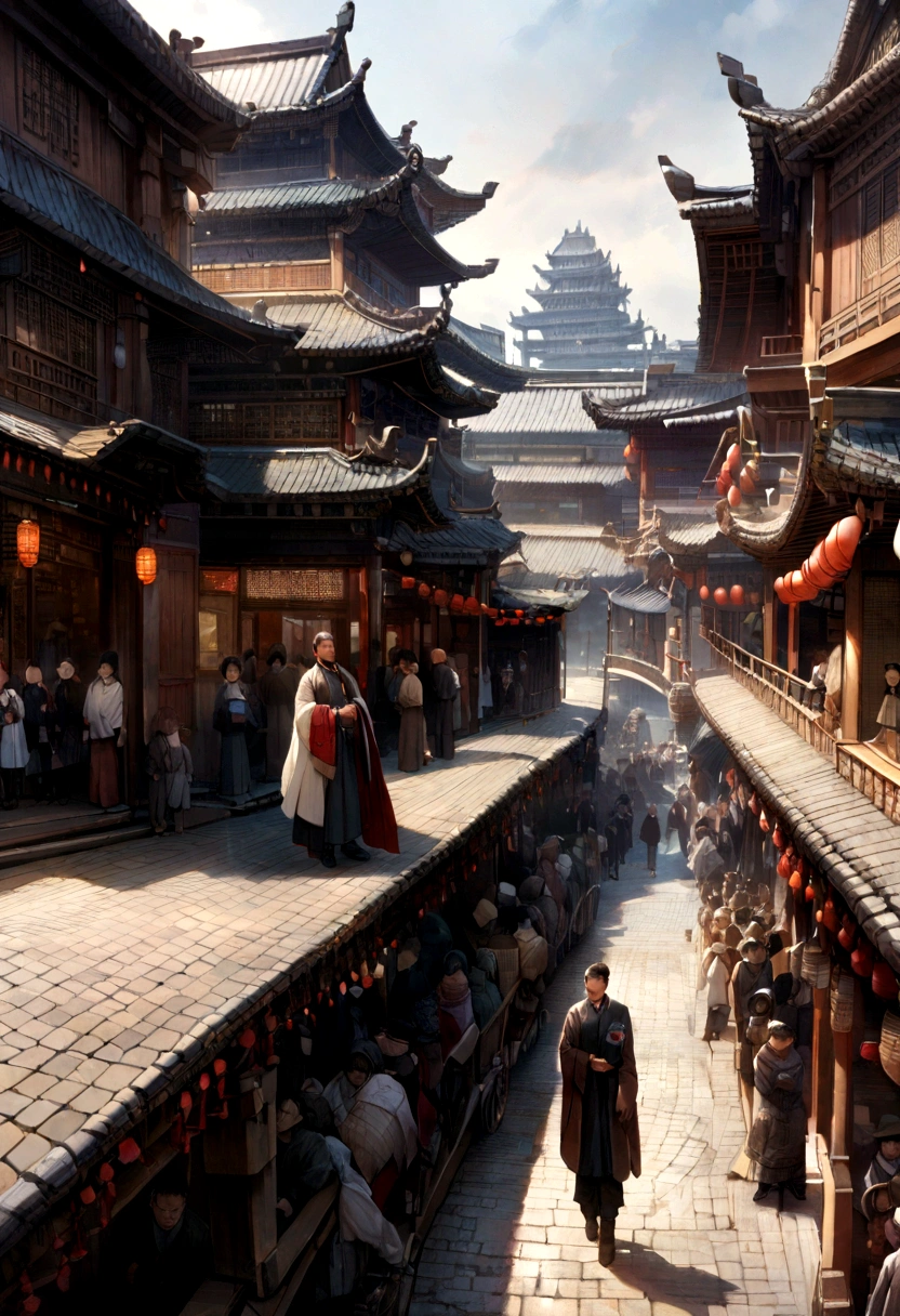 Staring at the phone,The bustling streets of Chang'an city, filled with carriages and bustling crowds, with palaces faintly visible in the distance.
A middle-aged man stands on the city wall, gazing into the distance, looking thoughtful.,photorealistic，Staring at the phone,Asian boy