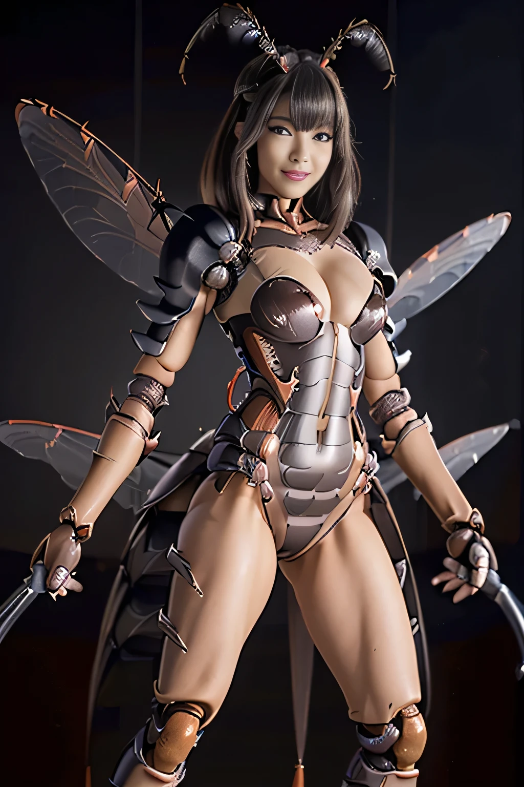 (high resolution,masterpiece,best quality,extremely detailed CG, anime, official art:1.4), realistic, photo, amazing fine details, all intricate, gloss and shiny,awesome many layers, 8k wall paper, 3d, sketch, kawaii, illustration,( solo:1.4), perfect female proportion,villainess, (fusion of dark brown cockroach and lady:1.4), (brown cockroach form lady:1.2), (brown cockroach lady:1.2), (fusion:1.2), (solo:1.4), (evil smile:1.2), muscular, abs, (cockroach brown exoskeleton bio insect suit:1.4), (cockroach brown exoskeleton bio insect armor:1.2), (brown transparency cockroach wing:1.4), (brown cockroach antennae:1.3),