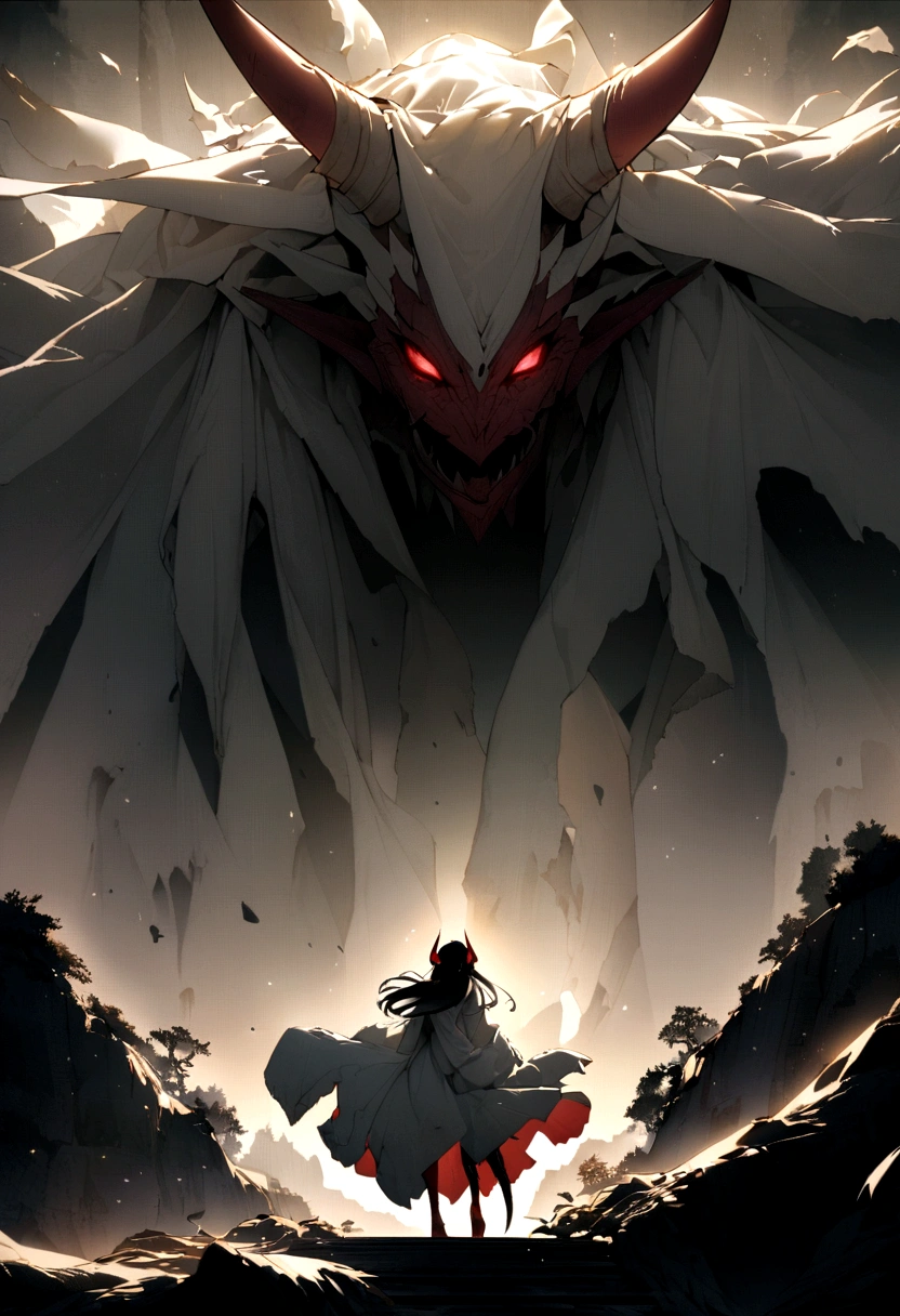 Write a scene from the classic Japanese story of a red demon surprising a woman on an old bridge.。The demon is completely covered in tattered white cloth.。Only the face is visible through the fabric.。It has sharp eyes and sharp claws.、Orientation is landscape。