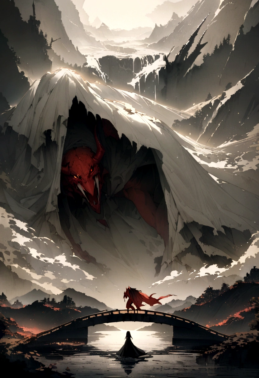 Write a scene from the classic Japanese story of a red demon surprising a woman on an old bridge.。The demon is completely covered in tattered white cloth.。Only the face is visible through the fabric.。It has sharp eyes and sharp claws.、Orientation is landscape。