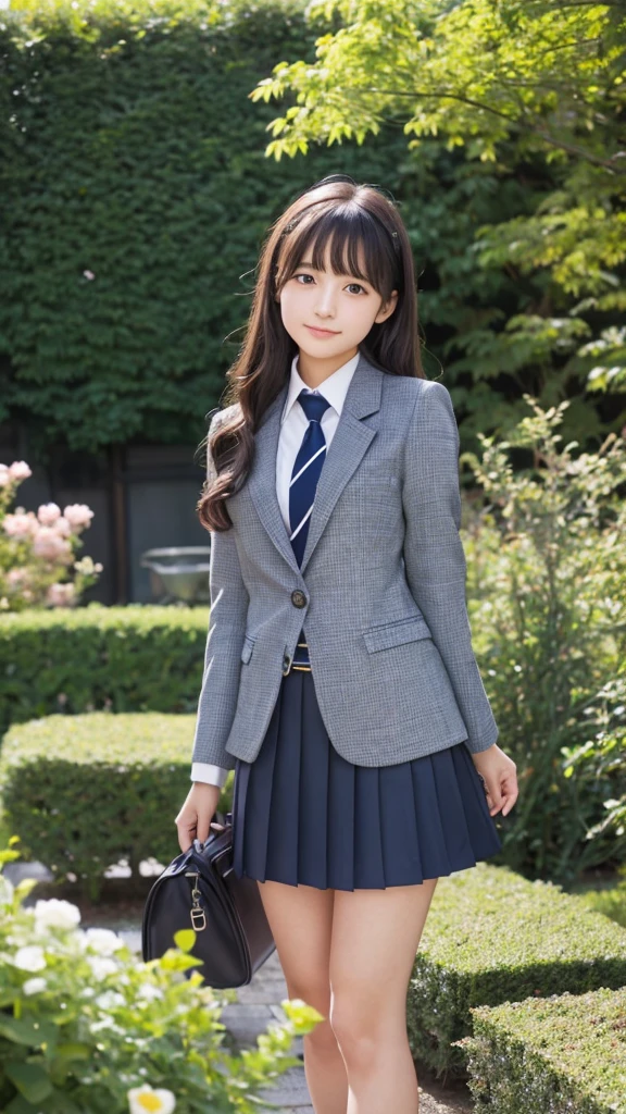 Japanese、18-year-old、high school girl、Navy blue blazer uniform、Grey and black checked mini skirt、garden、