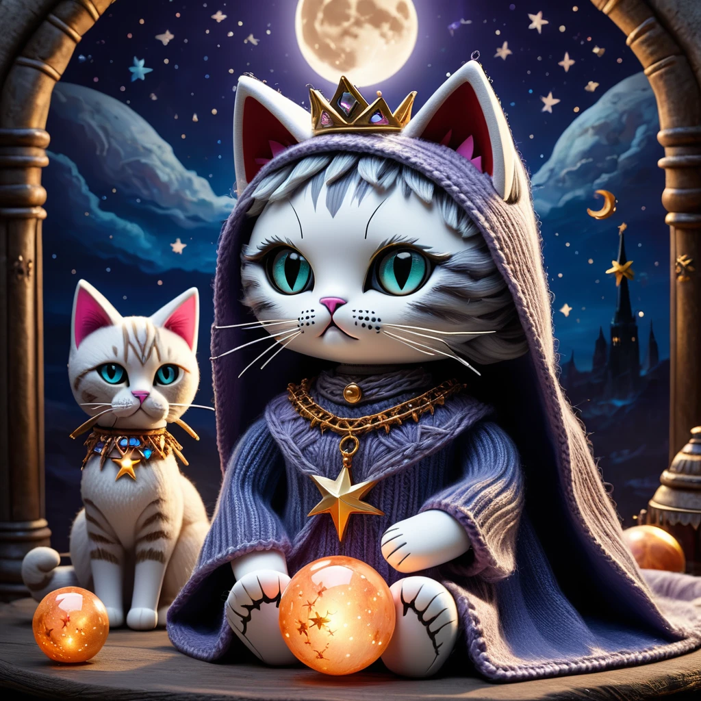 (knitted toy voodoo doll:1.7),(knitted toy voodoo doll familiar cat:1.7),(Voodoo familiar Moon Cat:1.3),(Clothing: silver dress with moon symbols, shimmering cloak with star patterns:1.0),(Accessories: moon staff, enchanted crystal ball, crescent tiara:1.2),(background: abandoned tower with a view of the moon and stars, mystical aura surrounding the scene:1.2), best quality, masterpiece, detailed soft oil painting, detailed background, dramatic cinematic lighting, soft edge lighting, professional, dramatic lighting, hard edge lighting, ultra quality, 4k,masterpiece, best quality, 8k, ultra highres, highres, extremely detailed