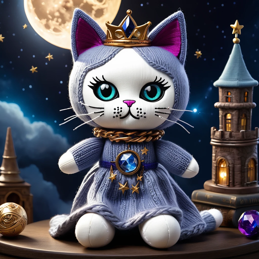 (knitted toy voodoo doll:1.7),(knitted toy voodoo doll familiar cat:1.7),(Voodoo familiar Moon Cat:1.3),(Clothing: silver dress with moon symbols, shimmering cloak with star patterns:1.0),(Accessories: moon staff, enchanted crystal ball, crescent tiara:1.2),(background: abandoned tower with a view of the moon and stars, mystical aura surrounding the scene:1.2), best quality, masterpiece, detailed soft oil painting, detailed background, dramatic cinematic lighting, soft edge lighting, professional, dramatic lighting, hard edge lighting, ultra quality, 4k,masterpiece, best quality, 8k, ultra highres, highres, extremely detailed