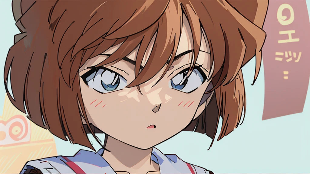masterpiece, best quality, beautiful face, (street, upper body:1.4), anime style, (1girl in, Solo:1.0), (Haibara Ai), ((Short pants)), (((Big eyes))), (Cute anime girl head), (flat chest),looking at viewer,With a height of 100cm, shoot from front, (head shot), Simple line minimalism, Abstract Art, City background