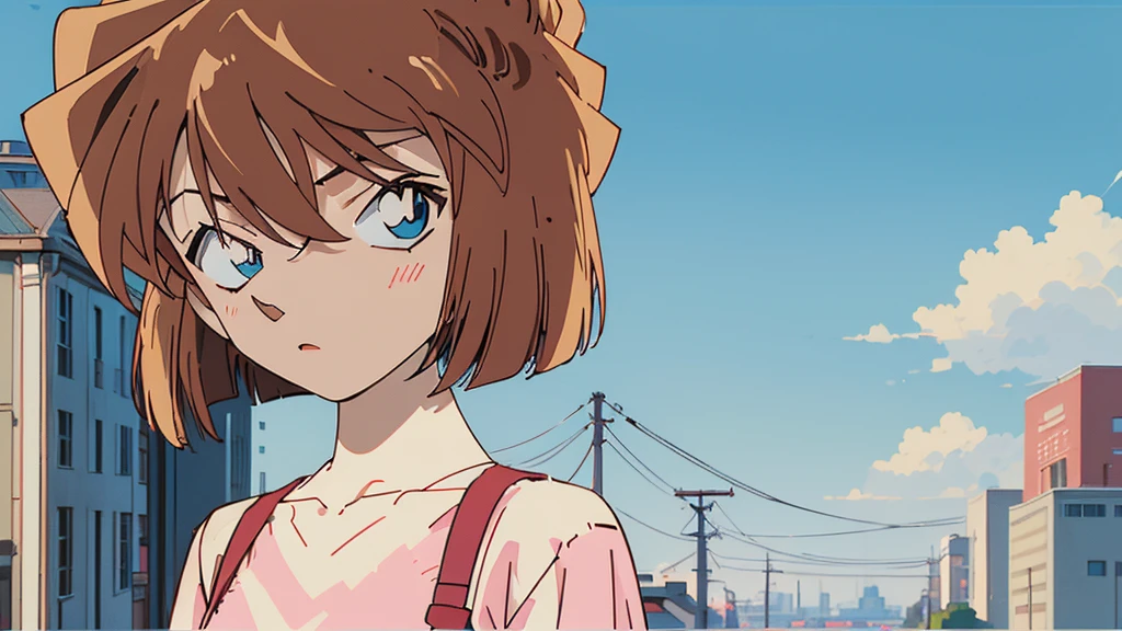 masterpiece, best quality, beautiful face, (street, upper body:1.4), anime style, (1girl in, Solo:1.0), (Haibara Ai), ((Short pants)), (((Big eyes))), (Cute anime girl head), (flat chest),looking at viewer,With a height of 100cm, shoot from front, (head shot), Simple line minimalism, Abstract Art, City background