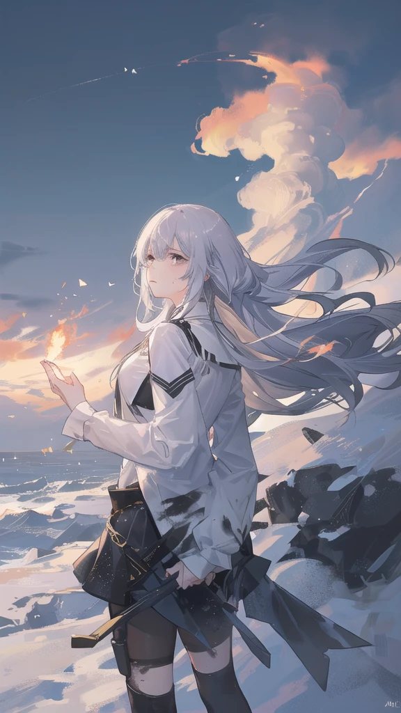 masterpiece:1.2), best quality , 独奏 ,pixiv, anime girl ，long straight white hair , black eyes ,Wearing off-white camouflage uniform ,ten years old，modern battlefield，(Eyes looking into the distance:1.3)，(look away:1.5)，snowy weather，dirty face，The background is a sea of fire with blood on the forehead，dirty face，Backlight，Bare rocky peaks ,Fierce flames are burning，The expression is sad，bullets flying，leave tears
