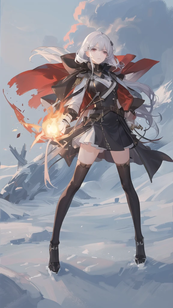 masterpiece:1.2), best quality , 独奏 ,pixiv, anime girl ，long straight white hair , black eyes ,Wearing off-white camouflage uniform ,ten years old，modern battlefield，(Eyes looking into the distance:1.3)，(look away:1.5)，snowy weather，dirty face，The background is a sea of fire with blood on the forehead，dirty face，Backlight，Bare rocky peaks ,Fierce flames are burning，The expression is sad，bullets flying，leave tears
