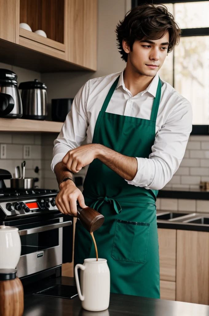a cute boy is making a coffee while wearing a green apron with black shirt in the coffee bar anime. high quality