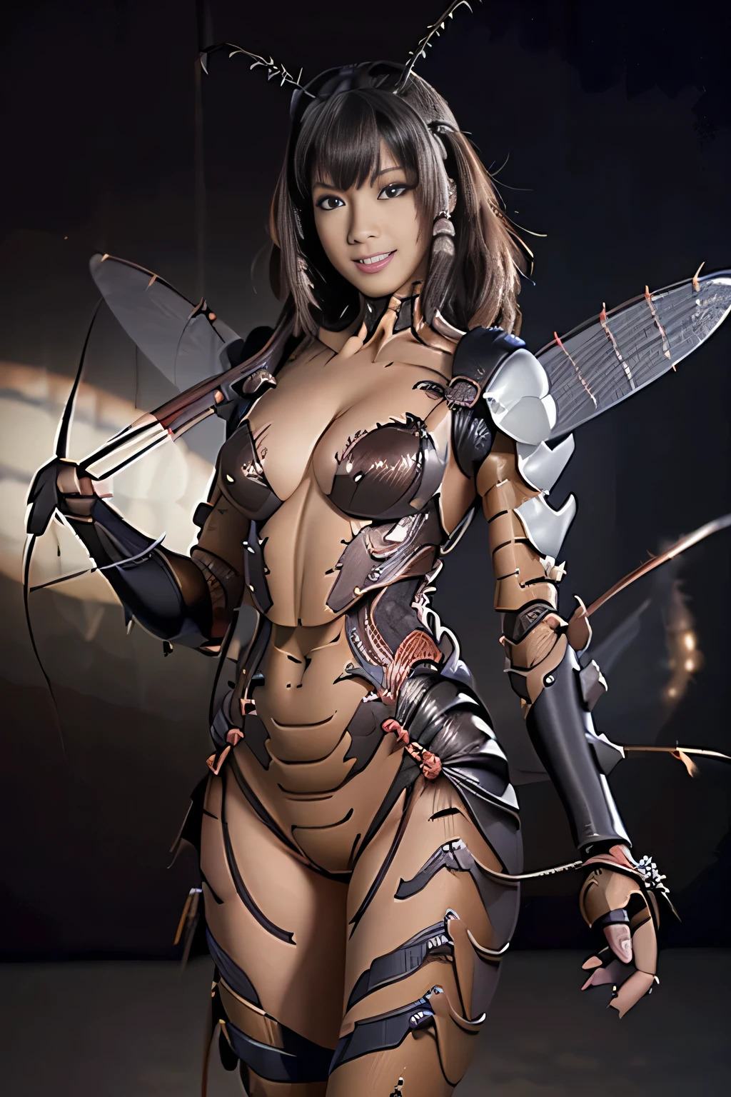 (high resolution,masterpiece,best quality,extremely detailed CG, anime, official art:1.4), realistic, photo, amazing fine details, all intricate, gloss and shiny,awesome many layers, 8k wall paper, 3d, sketch, kawaii, illustration,( solo:1.4), perfect female proportion,villainess, (fusion of dark brown cockroach and lady:1.4), (brown cockroach form lady:1.2), (brown cockroach lady:1.2), (fusion:1.2), (solo:1.4), (evil smile:1.2), muscular, abs, (cockroach brown exoskeleton bio insect suit:1.4), (cockroach brown exoskeleton bio insect armor:1.2), (brown transparency cockroach wing:1.4), (brown cockroach antennae:1.3),