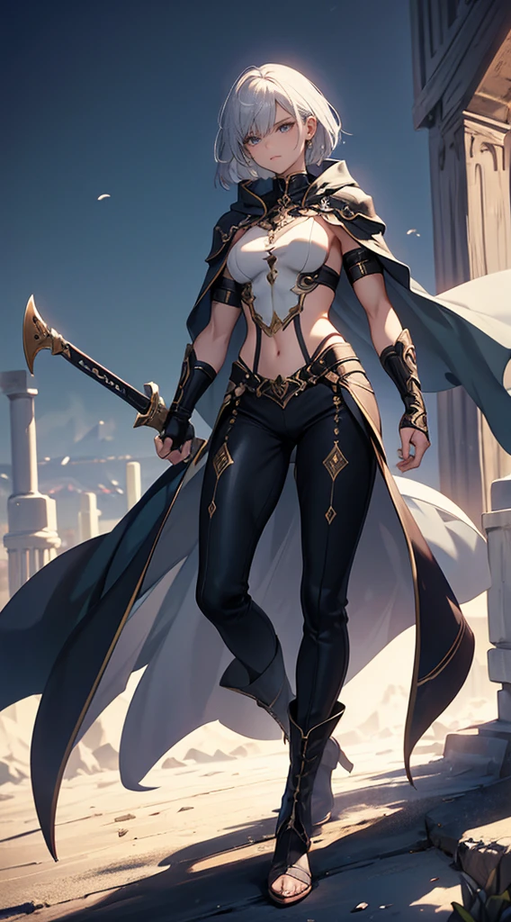 Highest quality、masterpiece、8K、Realistic、超High resolution、Very delicate and beautiful、High resolution、Fantasy、Muscle Girl、Perfect female body、Neutral women、Gray Hair、Short Hair、Toned body、Cape、Clothing with low exposure、pants、boots、cigarette、Wild Pose、Full body emphasis、Simple Background、Angry、Swordsman