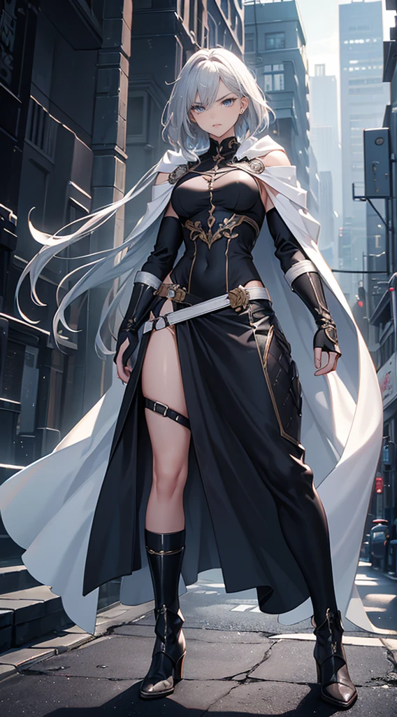 Highest quality、masterpiece、8K、Realistic、超High resolution、Very delicate and beautiful、High resolution、Fantasy、Muscle Girl、Perfect female body、Neutral women、Gray Hair、Short Hair、Toned body、Cape、Clothing with low exposure、pants、boots、cigarette、Wild Pose、Full body emphasis、Simple Background、Angry、Swordsman