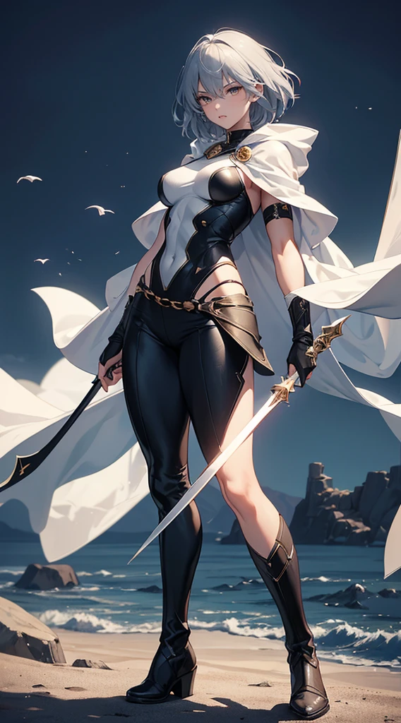 Highest quality、masterpiece、8K、Realistic、超High resolution、Very delicate and beautiful、High resolution、Fantasy、Muscle Girl、Perfect female body、Neutral women、Gray Hair、Short Hair、Toned body、Cape、Clothing with low exposure、pants、boots、cigarette、Wild Pose、Full body emphasis、Simple Background、Angry、Swordsman