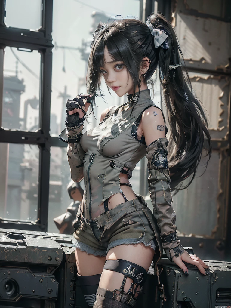(Full Body View:1.5)、(Side view:1.0)、(Please smile with your teeth showing:1.3),(Shibuya Gal:1.5)、(Gothic Lolita style fashion:1.5)、(Tattered khaki and gray futuristic micro high leg bodysuit:1.5)、(Tattered Khakis and White Micro Fancy Sleeves:1.5)、(Tattered khaki micro shorts:1.5)、(Brown and khaki knee socks:1.3)、(camouflage:1.3)、(Military jacket:1.4)、Brown boots、Khaki gloves、internal、(The underwear is striped:1.4)、23 years old、(do a gravure pose:1.3)、((Highest quality、8K、masterpiece:1.3))、One girl、The beauty of slim abs:1.3、(Hairstyle Casual、Big Tits:1.1)、dress:1.1、Super small face、Narrow eyes、double eyelid、Laughter、Esbian all over、Dynamic Angle、Close-up、CPL Filter、Blurred Background、Bokeh、Blue Hour、Detailed face and skin texture、Detailed Eyes,(Twin tails:1.3)、(Black brown hair:1.4)、Gravure idol pose、(The background is the cockpit of the battlefield:1.3)、(The body is slim:1.2),(Slim legs:1.4),(clavicle:1.1)