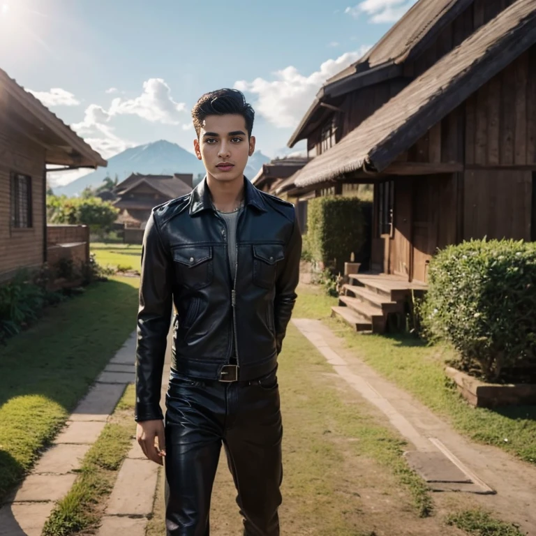 Aarav looks at the camera, perfect has a round face, A well-maintained model, handsome face,Close-up of a man wearing a black leather jacket., Southeast Asians with round faces, 3-D profile picture, 8K, 45,000,000 pixcls, realistic light colors