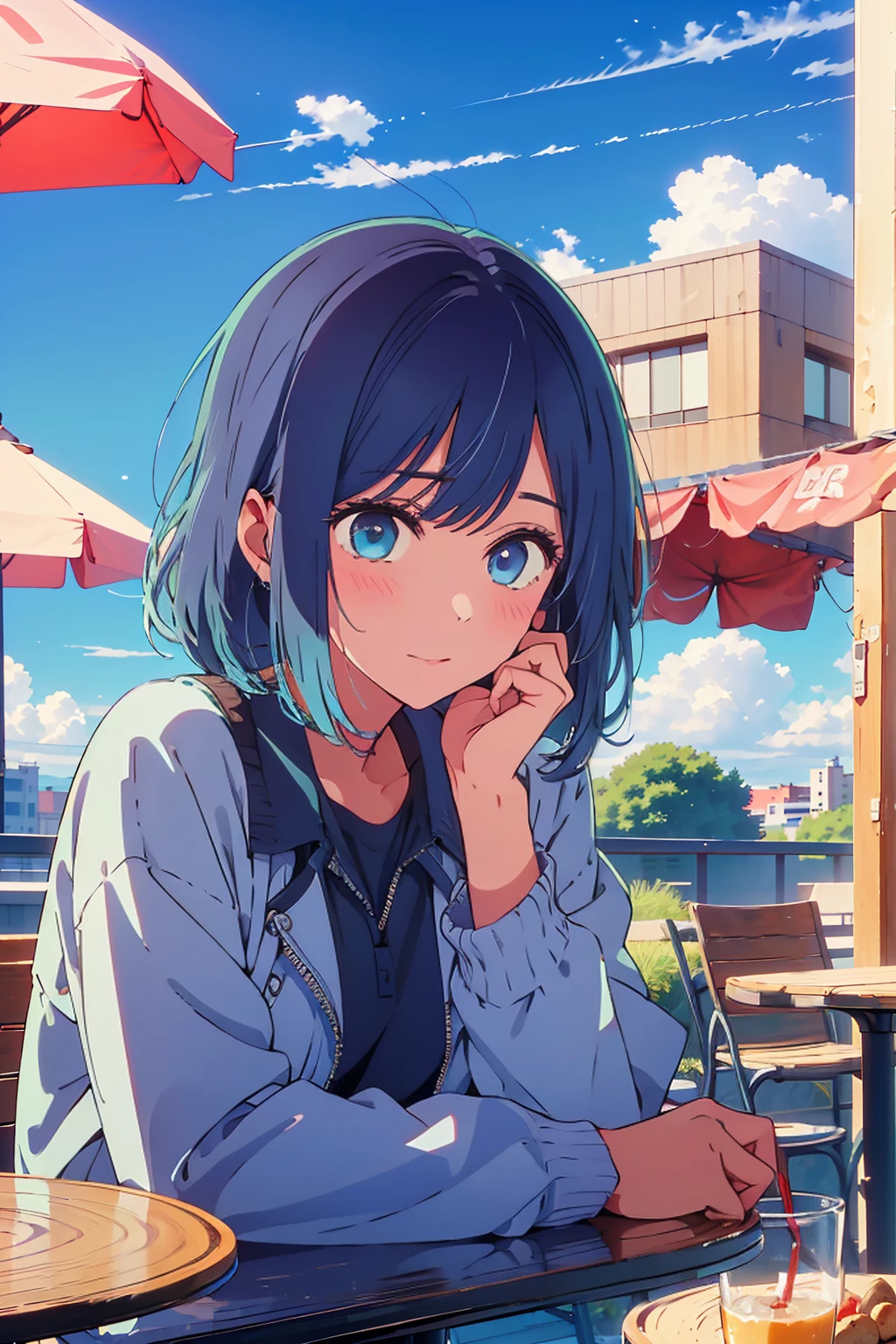 (Highest quality:1.4、masterpiece:1.4、超detailed:1.4、Ultra-high resolution:1.4、Absurd:1.4、Absolute Resolution:1.4、8K:1.4、detailed:1.4)、F cup bust、Big Breasts、Slim body、Very white beautiful skin、((((1 person、Surprised expression、sit、Chair、In the background are the urban buildings of Tokyo、looking at the camera、Outdoor café terrace、Navy hair color、juice、Shooting up close、Shooting from an angle、table、Very cute face))))、((((nude、very beautiful areola))))、(Pose with hands tucked behind ears:1.4、Cheek resting on hand:1.4)、Off-the-shoulder blouson、Black blouson with zipper、Very blue sky、A completely cloudless sky
