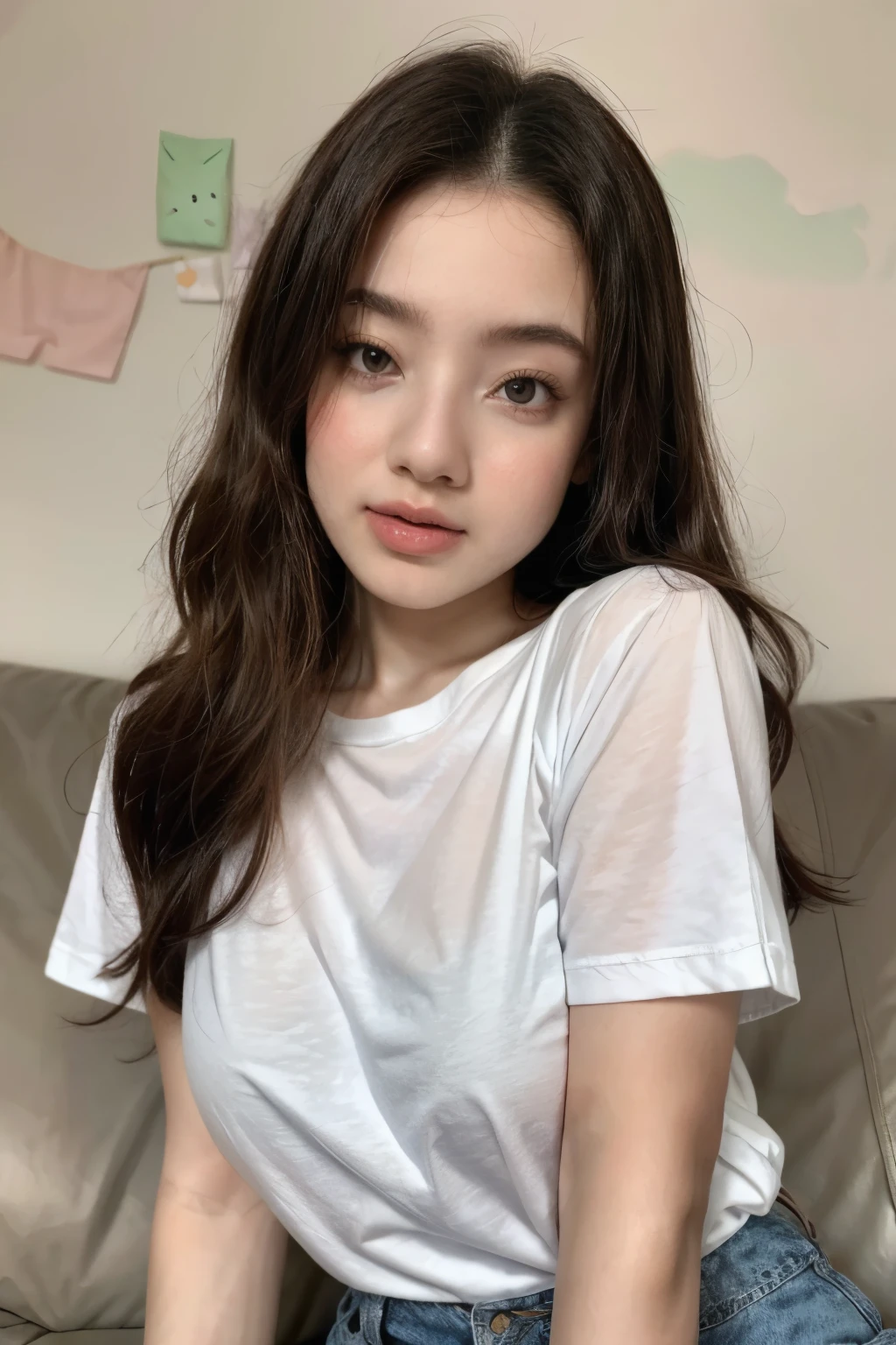 adorable, 1 girl, (face to face), , baby face, hf body portrait, (face details: 1), (eye details:1), ((big breasts)). wearing transparent transparency long shirt, .. Cute posed. proportional body. Ultra High Res. realistic: 1.4, UHD