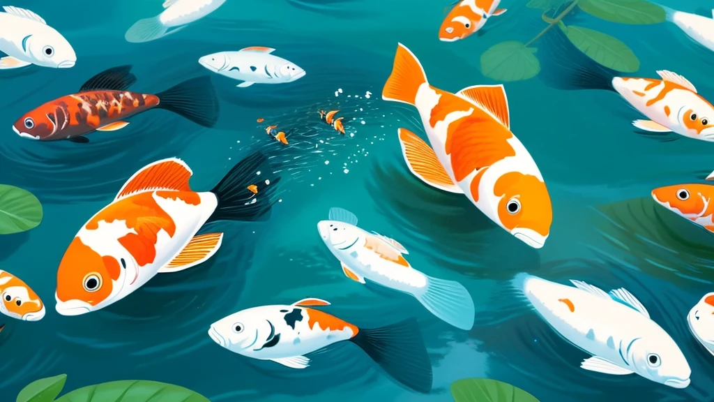 The image is a digital illustration by artist Tran Nguyen featuring a whimsical and vibrant art style. It shows a top-down view of a small rowboat with a person holding oars. The boat is surrounded by three large koi fish with vivid white, orange, and black patterns, swimming in green waters. The background consists of lush green lily pads floating on the surface, adding to the serene and nature-infused atmosphere. The composition creates a circular motion, with the koi fish forming dynamic patterns around the boat, evoking a sense of calm and curiosity. The artwork captures a magical and peaceful moment in nature.