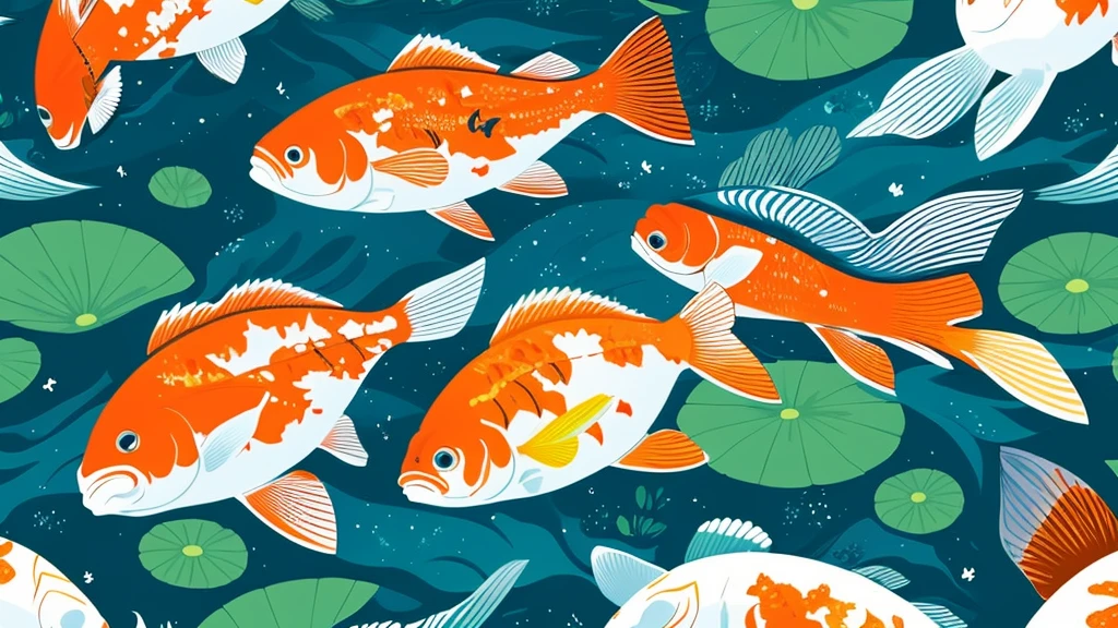 The image is a digital illustration by artist Tran Nguyen featuring a whimsical and vibrant art style. It shows a top-down view of a small rowboat with a person holding oars. The boat is surrounded by three large koi fish with vivid white, orange, and black patterns, swimming in green waters. The background consists of lush green lily pads floating on the surface, adding to the serene and nature-infused atmosphere. The composition creates a circular motion, with the koi fish forming dynamic patterns around the boat, evoking a sense of calm and curiosity. The artwork captures a magical and peaceful moment in nature.