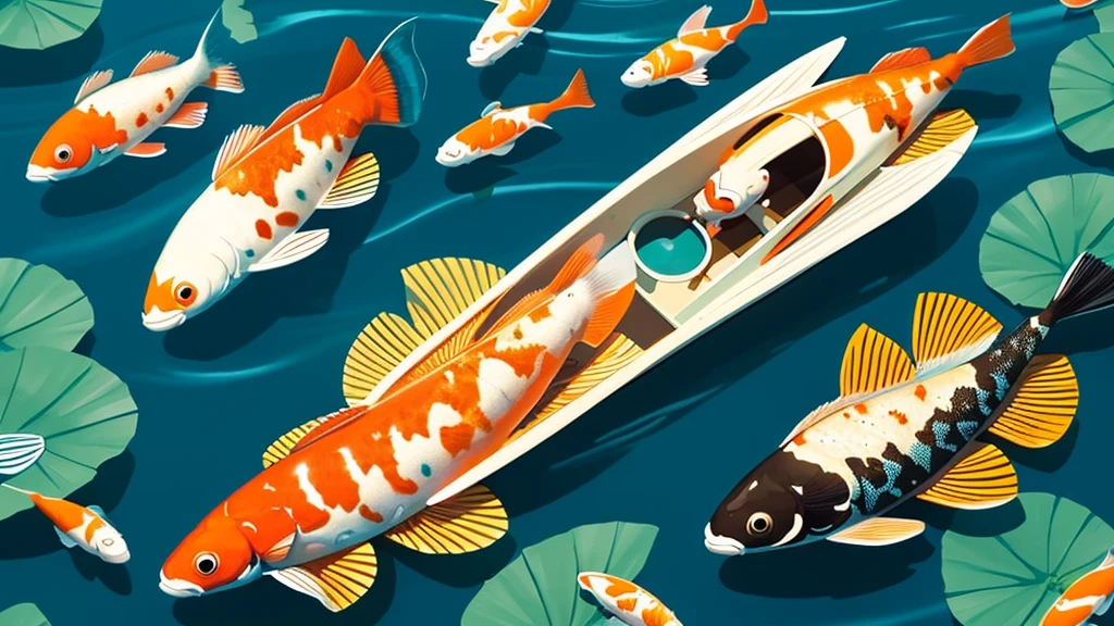 The image is a digital illustration by artist Tran Nguyen featuring a whimsical and vibrant art style. It shows a top-down view of a small rowboat with a person holding oars. The boat is surrounded by three large koi fish with vivid white, orange, and black patterns, swimming in green waters. The background consists of lush green lily pads floating on the surface, adding to the serene and nature-infused atmosphere. The composition creates a circular motion, with the koi fish forming dynamic patterns around the boat, evoking a sense of calm and curiosity. The artwork captures a magical and peaceful moment in nature.