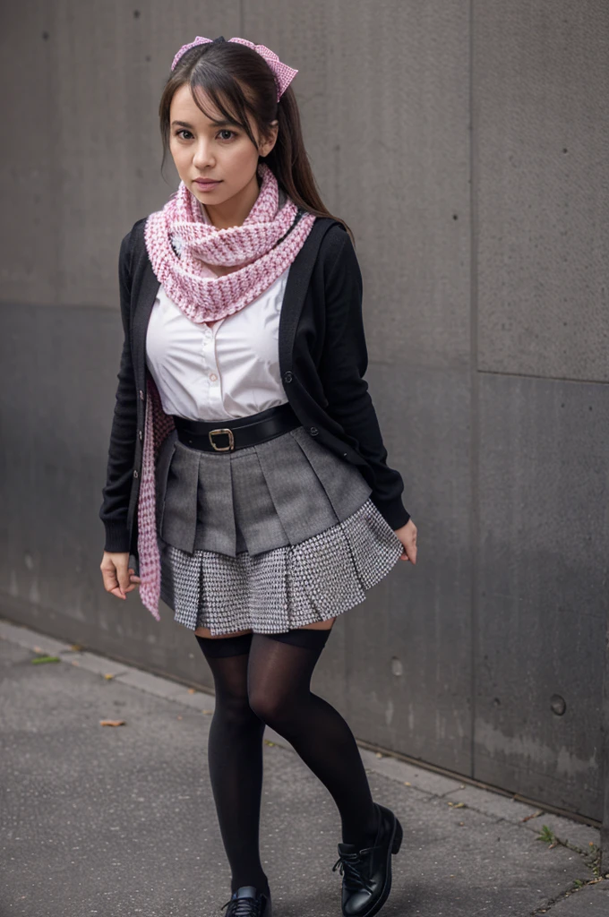 Make a girl'lbwuth uniform at work is White Cardigan fitted and tucked with  Peplum Skirt (Houndstooth Fabric) with faux black belt, also I have hot pink scarf on my neck almost like a bow and Dark Gray stockings, black shoes , with hooded shawl color Rice Apricot