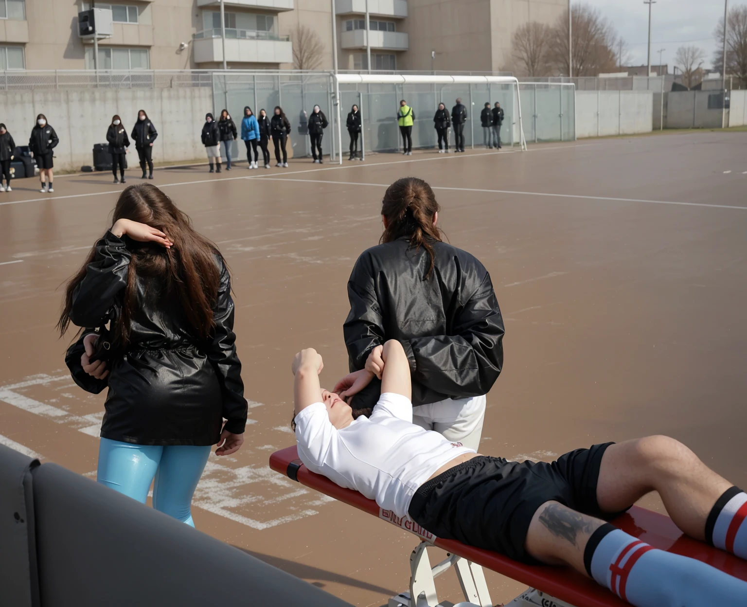 There is a man lying on a stretcher with his hands crossed over his face, a man in a t-shirt and sports shorts has crossed his hands over his face, the man has an agonised face under his hands, two longhaired and ponytailed women that are wearing very shiny coats, there are longhaired women wearing laquered puffy coats, longhaired women are walking in wetlook puffy coats, several women walking around a football field with an injured athlete on a stretcher, the injured athlete on the stretcher covers his face with both hands, the women look very worried, behind the women there is a frightening atmosphere, there is heavy rainfall in the background, video still