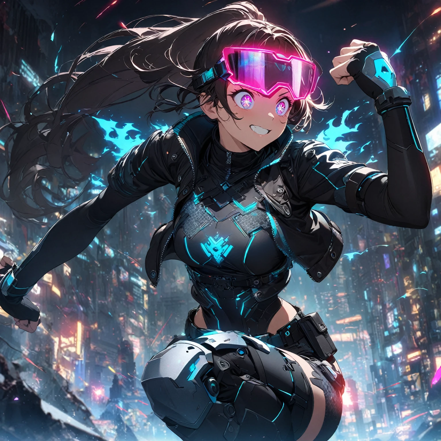 A girl with an athletic build, (nude:0.8), in a dynamic pose showcasing agility, with an excited facial expression, wide sparkling eyes, a broad smile or shout, and clenched fists, wearing a sleek, fitted, armored bodysuit with reinforced segments and glowing circuitry patterns, a cropped, high-collar leather jacket with metallic studs, lightweight cyber-enhanced bracers with holographic interfaces, fingerless gloves with glowing runes, combat-ready pants with reinforced knee pads and utility pockets, a utility belt with a glowing buckle, high-tech shin guards with thrusters and retractable blades, sturdy knee-high combat boots with reinforced soles, her hair styled in a high ponytail or braided with metallic threads and glowing beads, a sleek augmented reality visor with metallic feathers, in a color scheme of dark tones with bright glowing accents, a short, asymmetrical color-changing cloak with glowing runes, and small mystical charms or amulets, in a dark and dramatic setting with a ruined cityscape or futuristic battleground, enhanced with sparks and energy surges illuminating the character and reflecting her fiery, powerful theme, with dynamic lighting emphasizing her energetic pose and excited expression, detailed gorgeous face| anime style| key visual| intricate detail| highly detailed| breathtaking| vibrant| panoramic| cinematic| Carne Griffiths| Conrad Roset| gibbli 8k