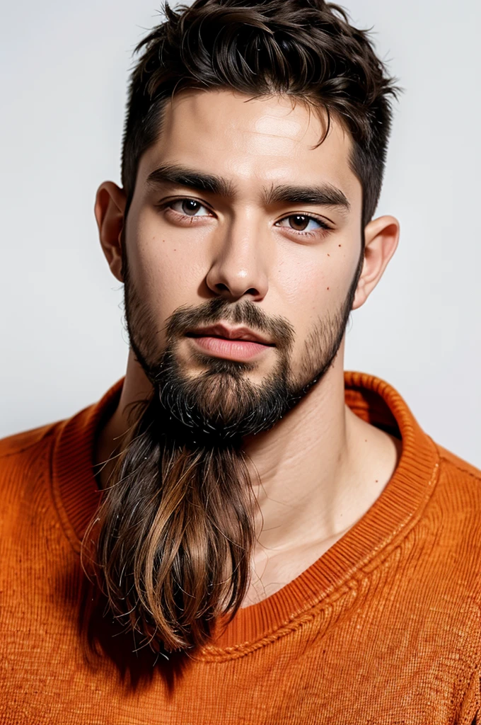 handsome male,beard,upper body portrait,orange sweater,white background,