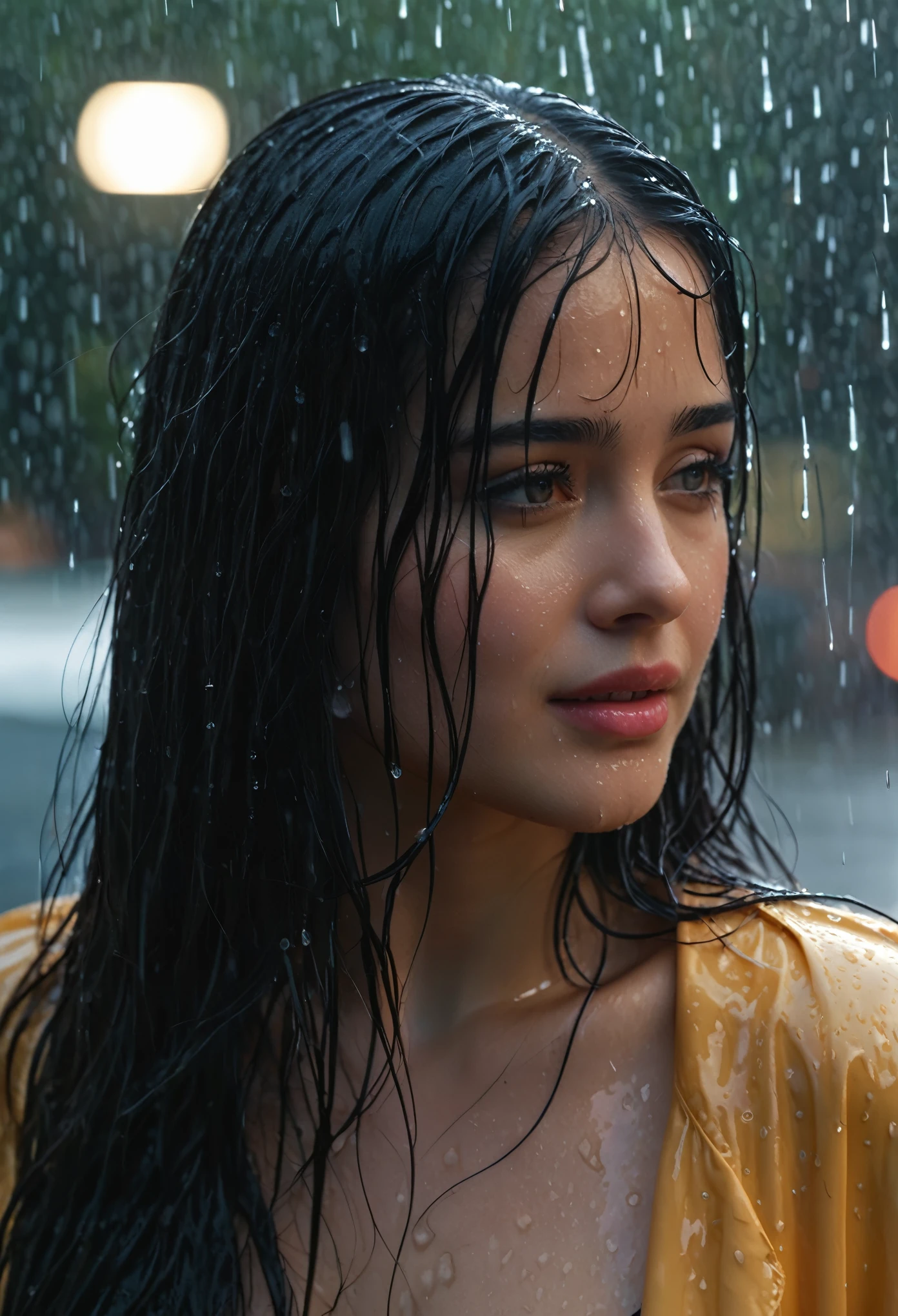 one girl, long black hair, , shy, blushing, wet, rain, transparent, (best quality,4k,8k,highres,masterpiece:1.2),ultra-detailed,(realistic,photorealistic,photo-realistic:1.37),cinematic lighting, soft lighting, film grain, dramatic lighting