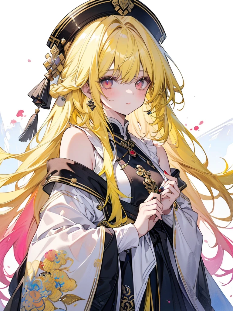 solo,Qian Renxue,whole body,Yellow hair,(masterpiece,topquality,bestquality,officialart,beautifulandaesthetic:1.2),(1girl:1.3),long hair,extremedetailed,colorful,highestdetailed,(watercolourpainting:1.3),opticalmixing,playfulpatterns,livelytexture,richcolors,uniquevisualeffect